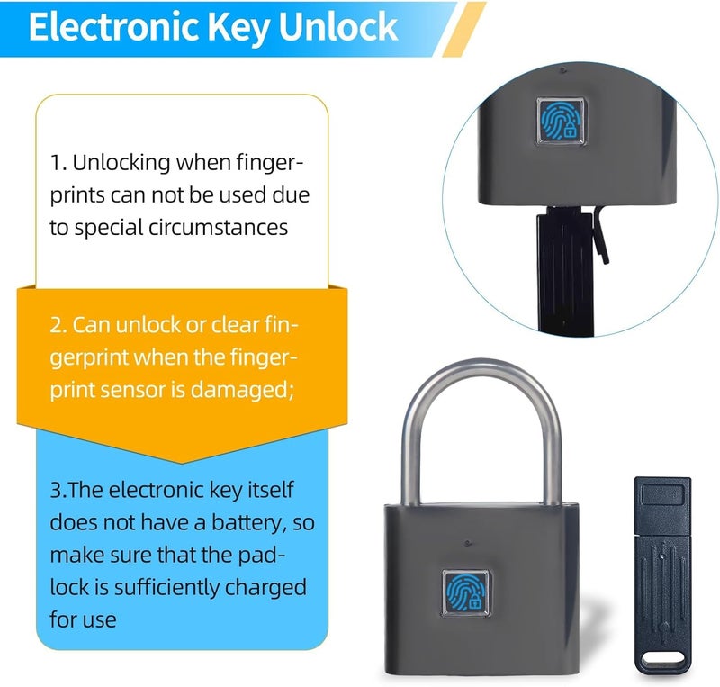 KENRONE Fingerprint Padlock with Emergency Key, Biometric Padlock Quick Unlock, Waterproof and Rustproof, Locks for Warehouses, Gym, Schools, Homes, Office Cabinets - Image 5
